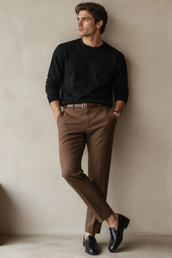 A clean outfit showing camel-brown tailored pants with a black crewneck sweatshirt. A slim matching brown belt outlines the waist, with black leather loafers and a simple wristwatch.