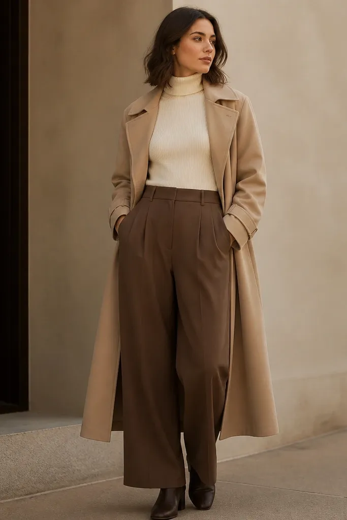 Mocha wide-leg trousers are paired with a cream ribbed turtleneck tucked at the waist. A longline beige trench coat falls to mid-calf, with sleek ankle boots.