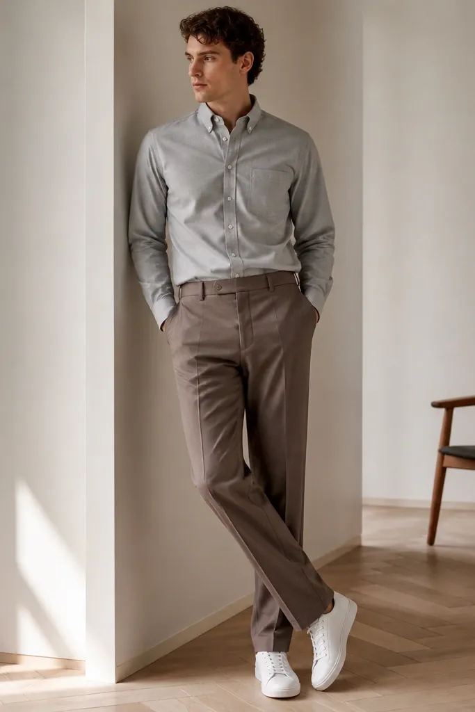 Taupe-brown straight-leg trousers with a light grey oxford button-down. The shirt is front-tucked with the collar visible, paired with white low-profile sneakers.