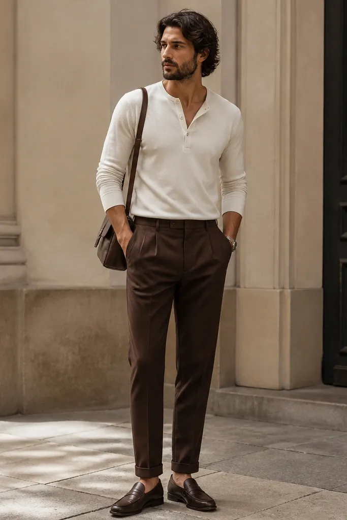 Chocolate-brown tapered trousers paired with an off-white henley shirt. The henley is unbuttoned at the collar and tucked, with dark brown loafers and a minimal leather strap bag.