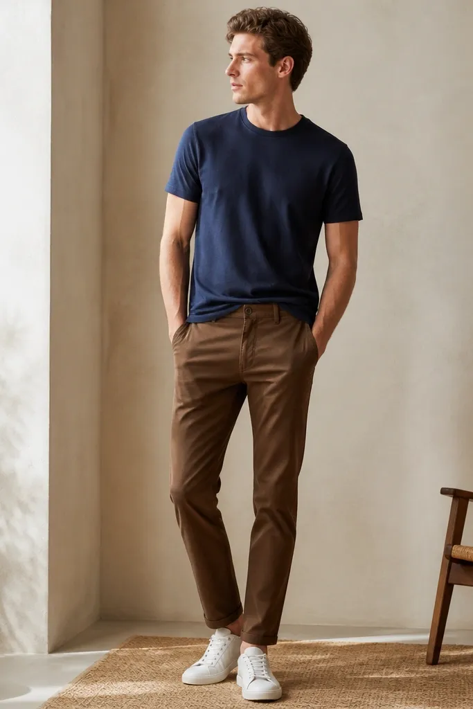 Burnt-umber slim pants with a navy short-sleeve Pima cotton T-shirt. The tee is tucked halfway, and the outfit is completed with crisp white sneakers.