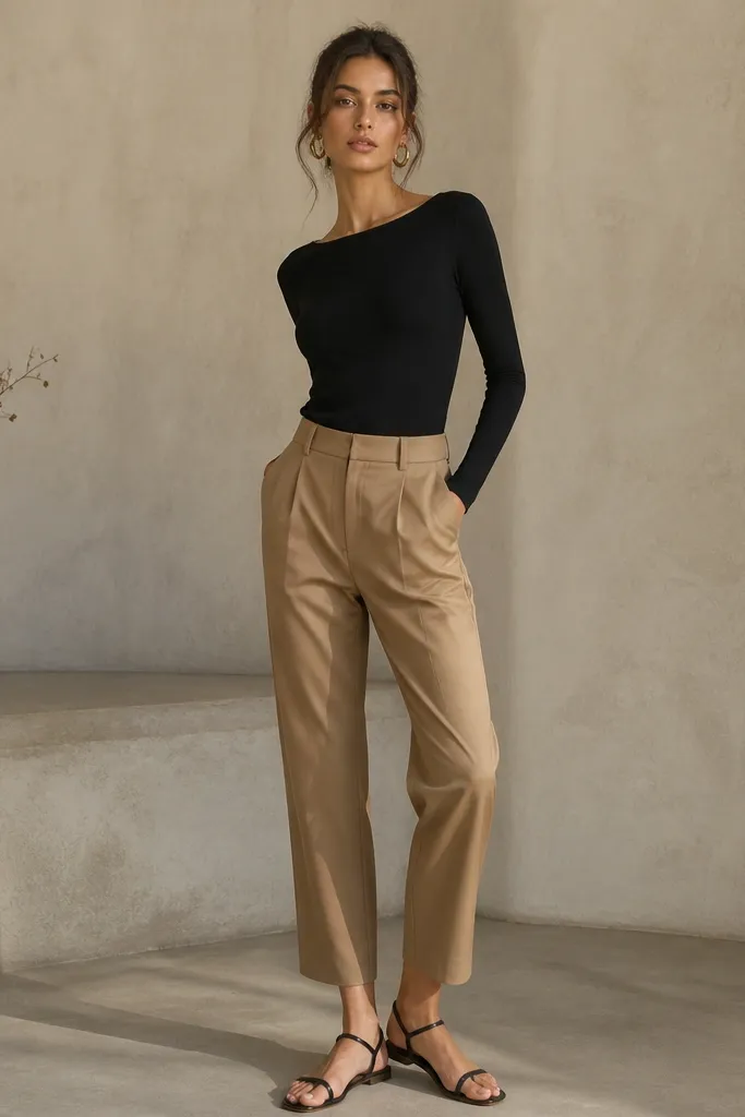 Light brown cropped trousers paired with a fitted black bodysuit. The bodysuit is tucked-in with a snap closure, styled with gold hoop earrings and black strappy sandals.