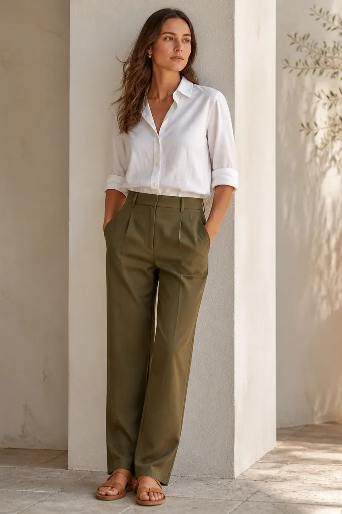 Olive-brown pants styled with a white button-up shirt. Sleeves are rolled to mid-forearm, the shirt is tucked with a neat front fold, and the look is finished with tan sandals.