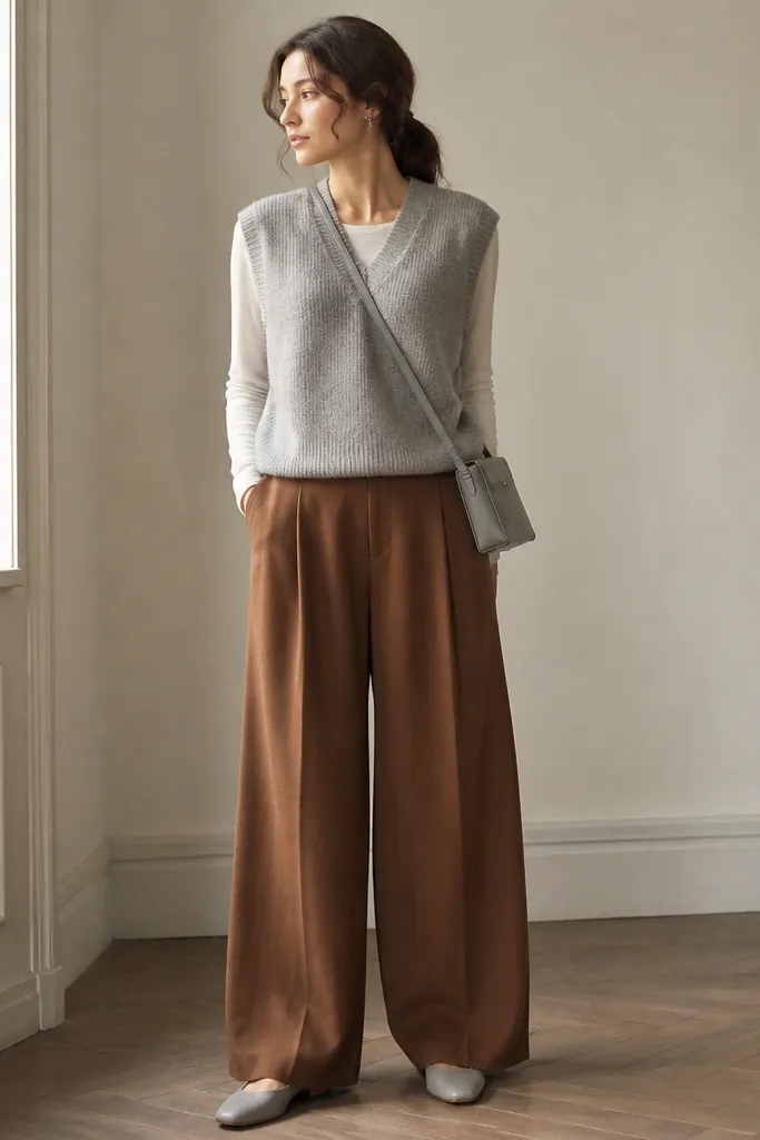 Cinnamon-brown wide-leg trousers with a soft grey sweater vest over a light top. The outfit is styled with monochrome grey flats and a small crossbody bag.