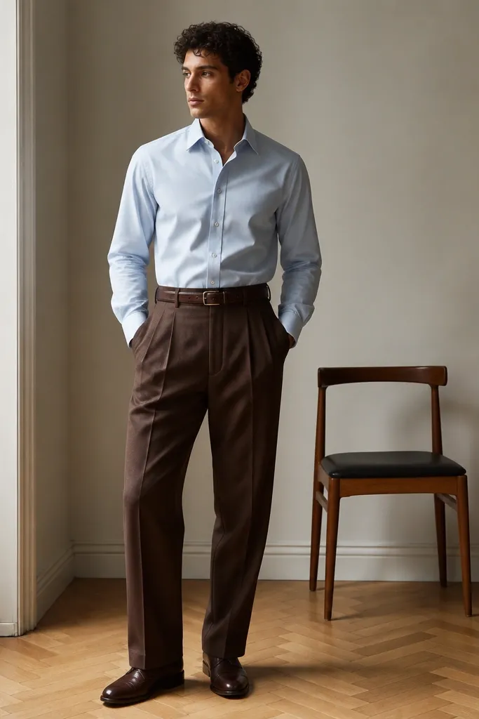 Deep brown pleated trousers paired with a light blue button-down shirt. The shirt is tucked, and the outfit is finished with brown oxford shoes and a structured leather belt.