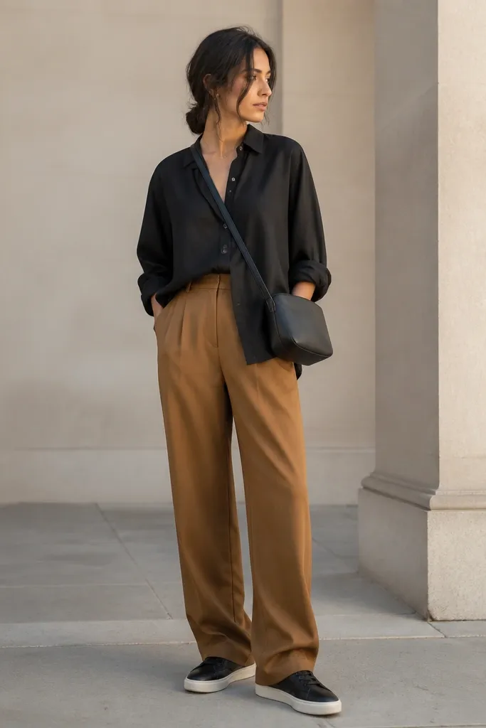 Caramel-brown pants with an oversized black button-up. The shirt is half-tucked at the front, slightly open at the collar, with minimal leather sneakers and a crossbody bag.