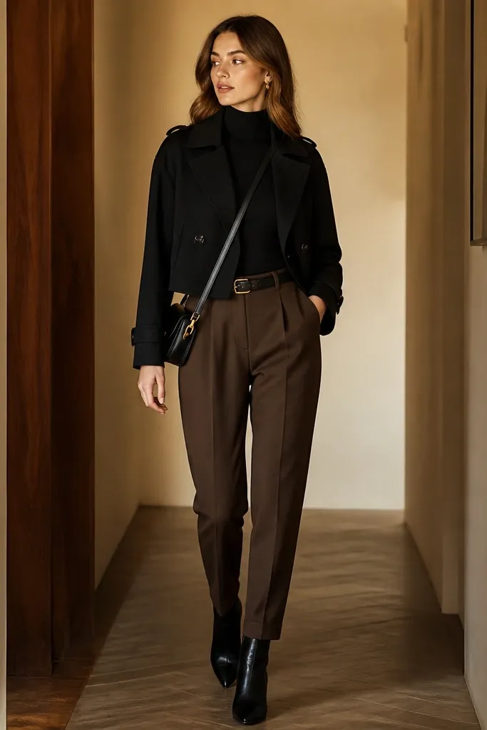A full-body photo of espresso-brown tapered trousers paired with a black mock-neck top and a cropped black trench jacket. The person wears sleek ankle boots and a small crossbody bag; the setting looks like a narrow hallway with warm lighting.