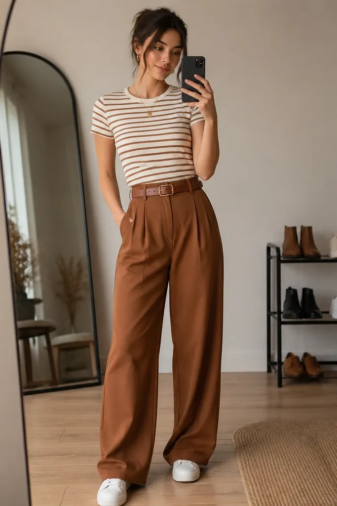 Wide-leg cinnamon-brown pants with a high waist are shown with a cream-and-brown striped fitted tee. A cognac belt is visible at the waist, and the person wears white sneakers; the image includes a compact mirror and a small shoe rack in the background.