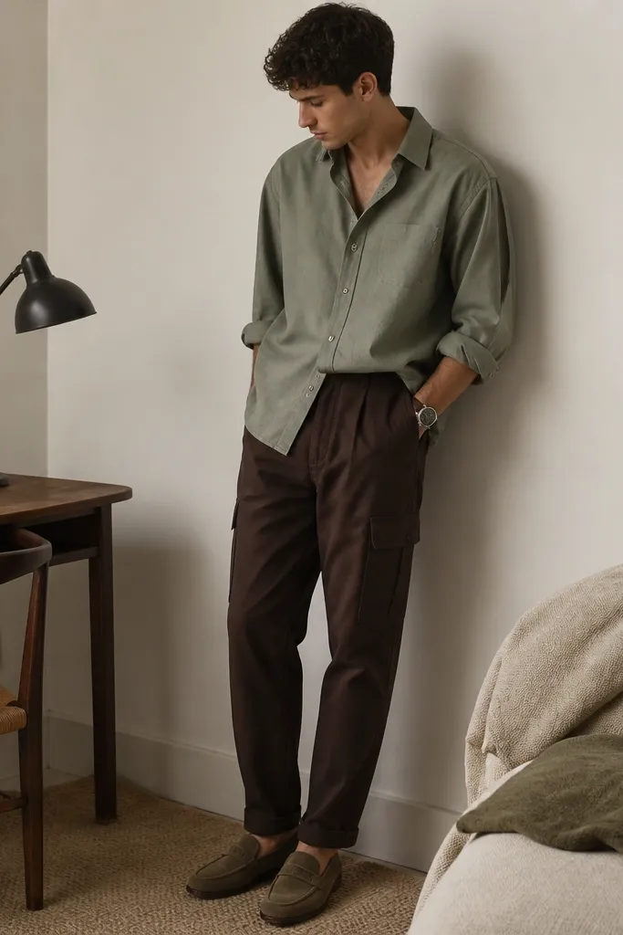 Chocolate-brown utility pants with cargo-style pockets paired with an oversized sage button-up shirt worn half-tucked. The person wears olive loafers and a casual watch; the photo shows a small desk corner and neutral bedding-like textures.