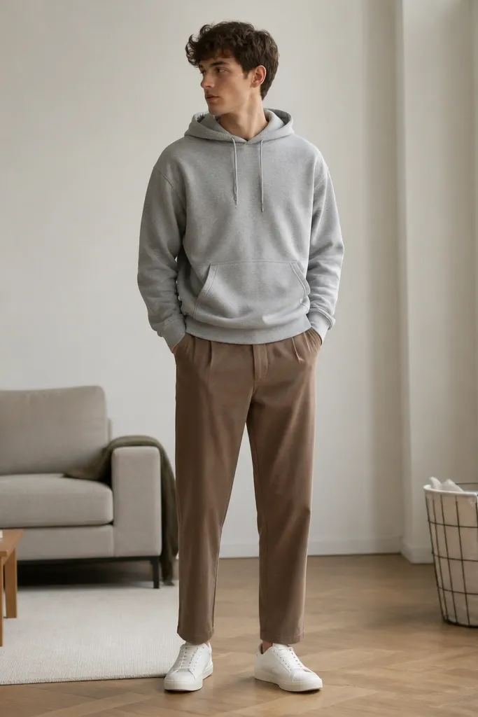 Mushroom-brown ankle-length trousers paired with a light gray hoodie. The person wears white low-top sneakers and keeps the hood down; the scene is a minimalist living room with a small laundry basket visible.
