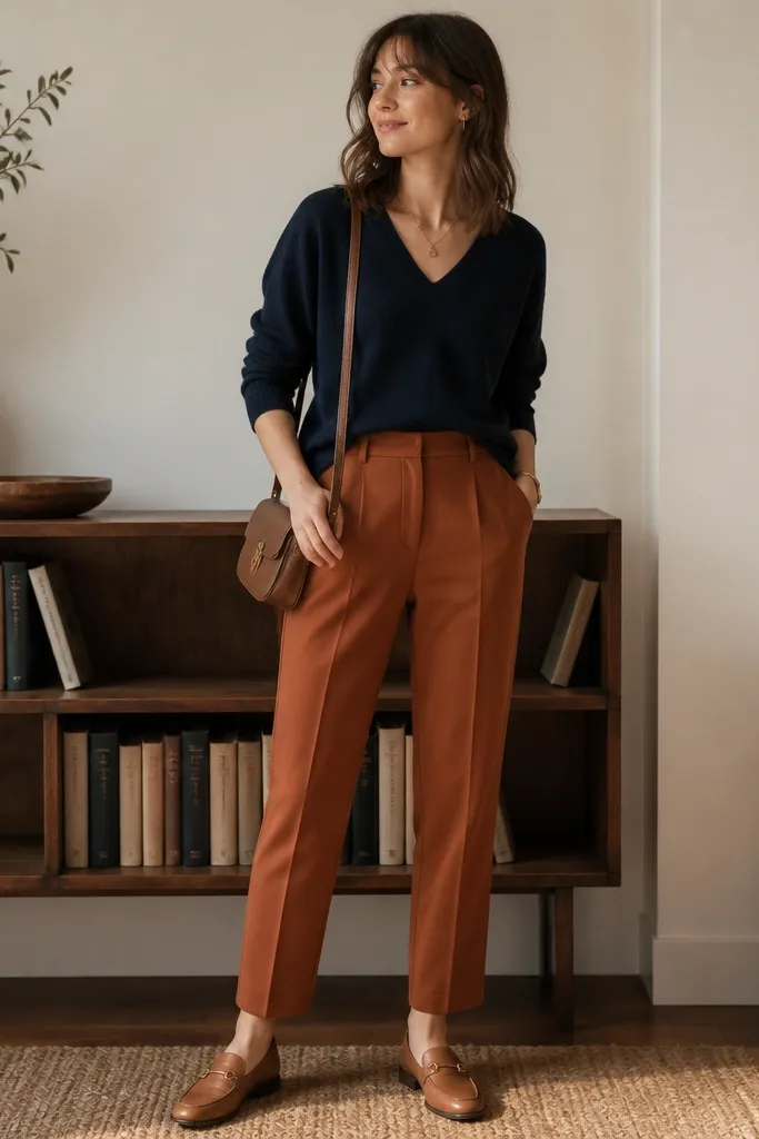 Warm terracotta-brown slacks styled with a navy V-neck sweater. The person wears tan loafers and a slim crossbody bag; the background includes a compact bookshelf and neutral decor.