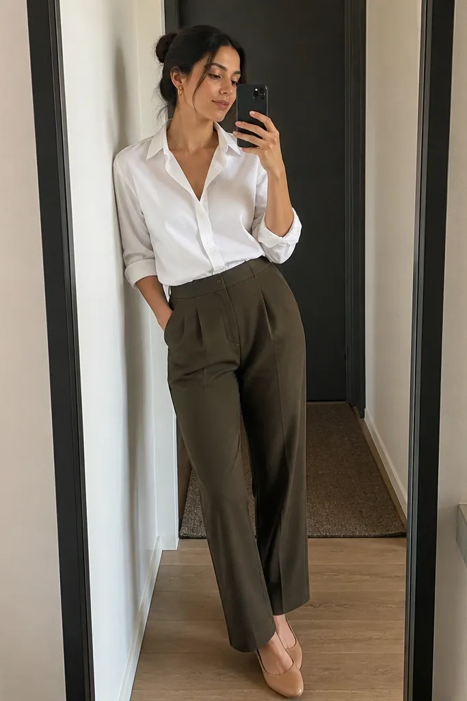 Olive-leaning brown trousers paired with a crisp white button-down shirt rolled at the sleeves. The person wears small gold hoop earrings and nude flats; the photo is taken near a narrow entry mirror.