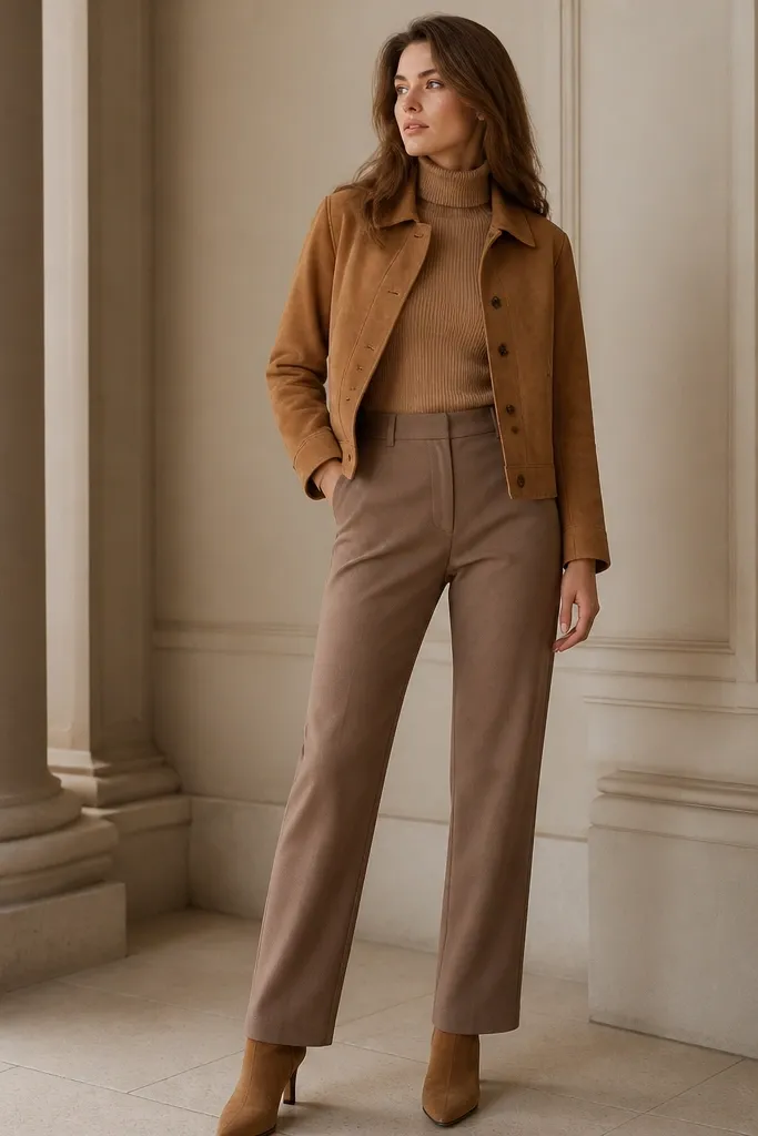 Soft mocha-brown straight-leg pants paired with a camel turtleneck. A suede-effect jacket (short, slightly cropped) sits over the top; the person wears ankle boots with a matching warm tone.