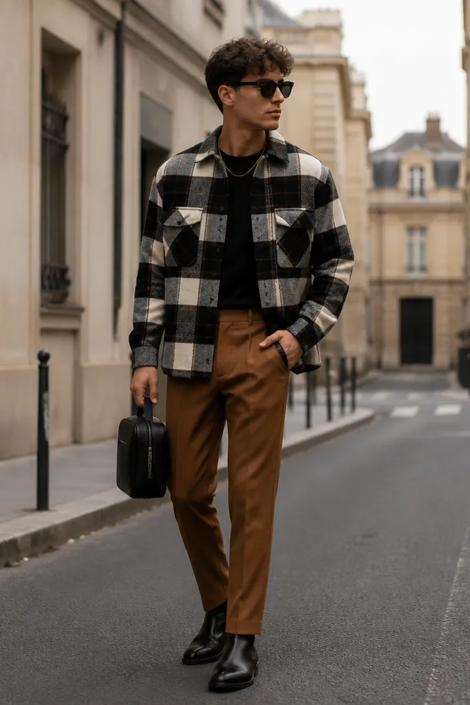 Caramel-brown pants paired with a black-and-cream checkered overshirt. The person wears black Chelsea boots and a small structured bag; the photo shows a compact city street backdrop.