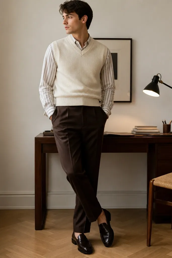 Espresso-brown trousers styled with a cream sweater vest layered over a striped long-sleeve shirt. The person wears dark loafers; the photo shows a home office corner with a desk lamp.