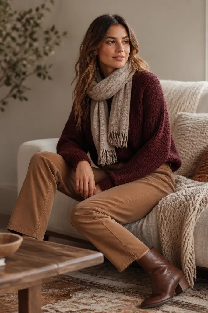 Warm brown pants paired with a burgundy knit sweater. A neutral scarf is loosely wrapped at the neck, and the person wears brown ankle boots; the setting looks like a cozy living room with textured throw blankets.