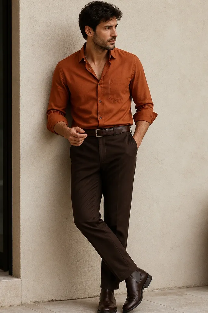 A styled outfit with dark brown pants, a rust-orange button-down shirt, a dark chocolate leather belt, and brown leather boots. The shirt is partially unbuttoned at the collar with sleeves neatly rolled.