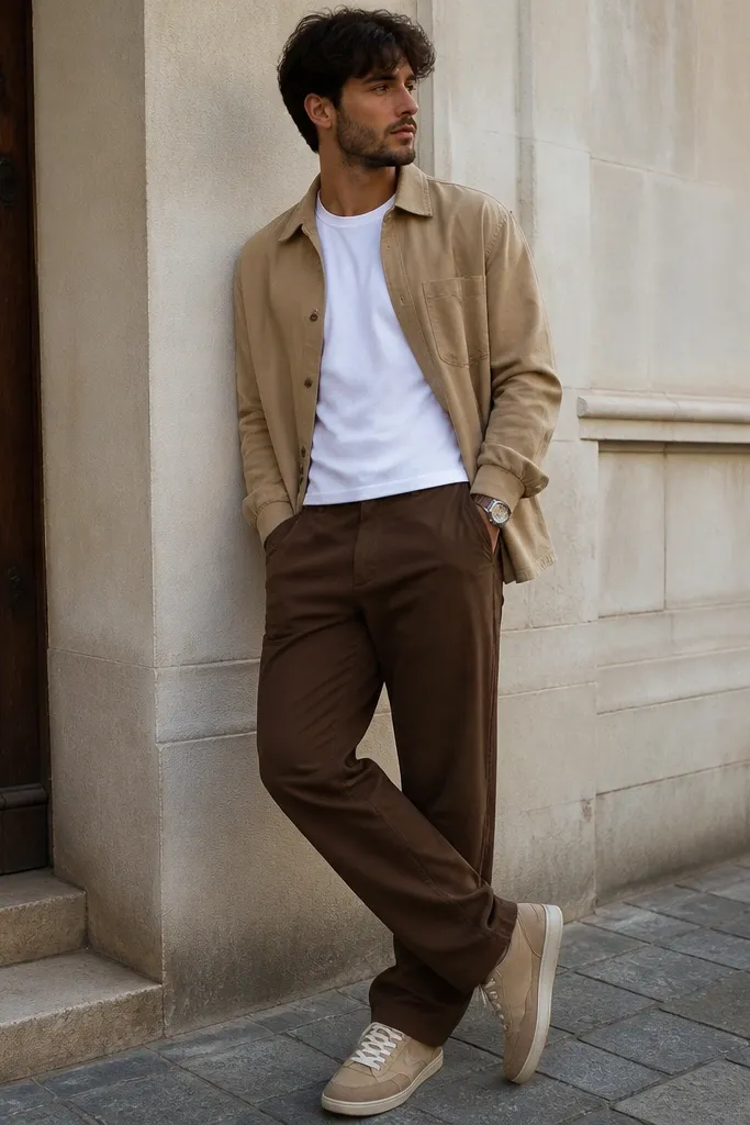 A casual outfit image featuring brown pants, a fitted white crew-neck tee, and a tan overshirt worn open. Tan sneakers and a simple watch are shown, with the outfit styled like a streetwear weekend look.