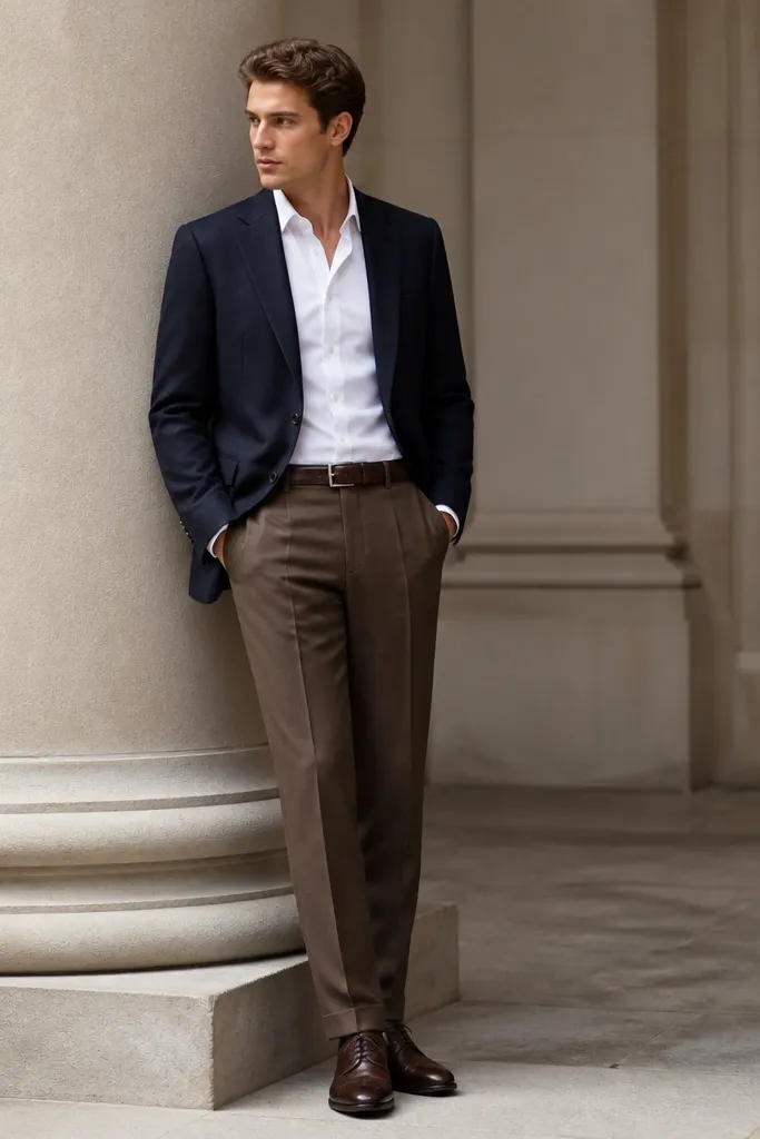 A tailored outfit photo with mid-brown trousers, a navy blazer, a white shirt underneath, and dark brown oxford shoes. The belt matches the shoe tone and the fit looks structured at the waist.