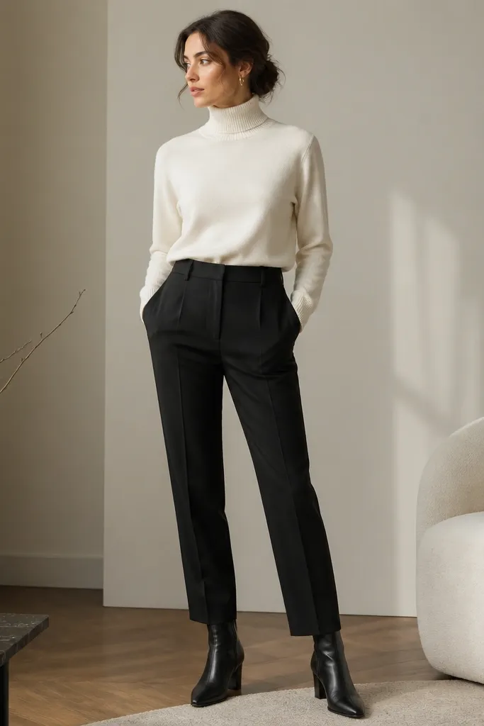 An outfit photo showing black tailored pants with an ivory turtleneck sweater tucked in, plus black ankle boots. The scene is indoors with soft lighting, highlighting the sharp contrast between ivory and black.