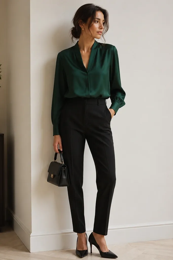 A fashion shot of black pants styled with a deep emerald green blouse. The blouse has subtle texture (like satin or crepe), and the outfit includes black heels and a small structured bag.