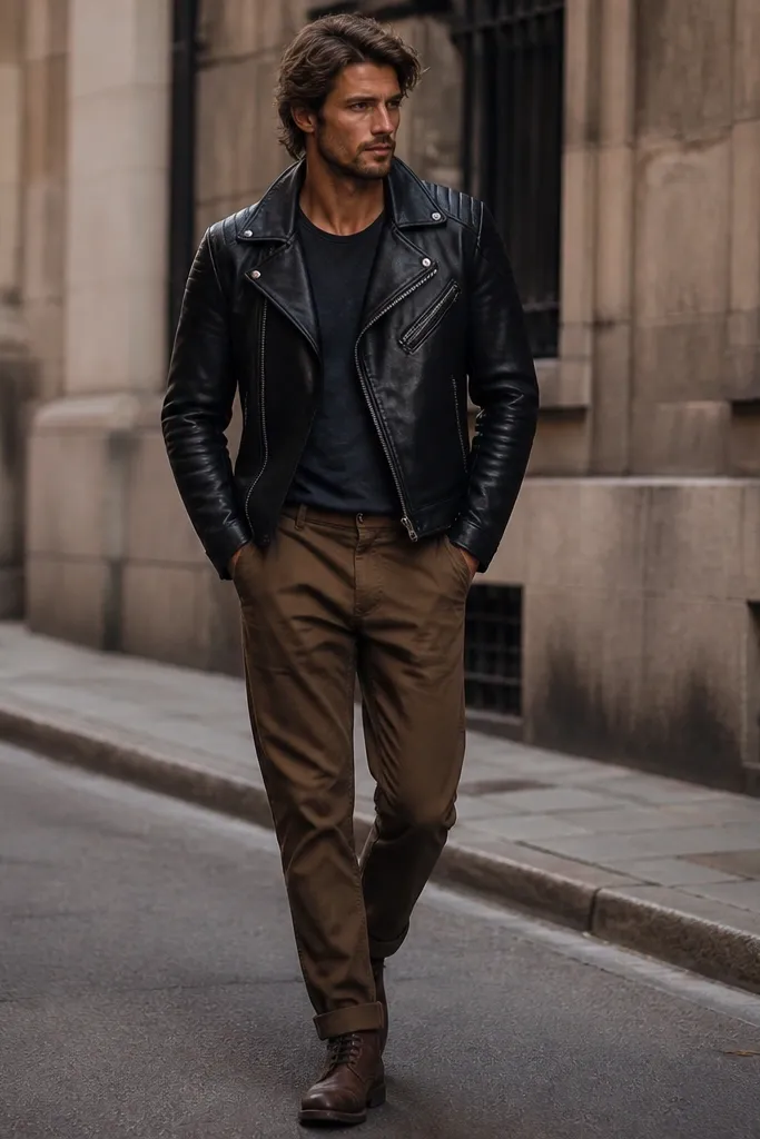 A street-style image with brown pants, a black leather moto jacket, a dark top underneath, and brown boots. The jacket zipper is visible and the outfit looks slightly rugged.