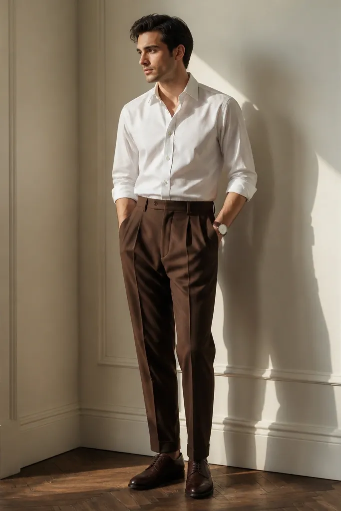 A tailored photo showing pleated brown trousers, a crisp white button-up, and a minimal wristwatch. The shoes are dark brown leather oxfords and the silhouette looks elevated.