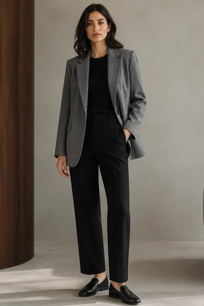 An outfit image with black straight-leg pants, a medium-gray blazer, a black top underneath, and black loafers. The blazer fabric shows subtle texture and the overall look is sleek.