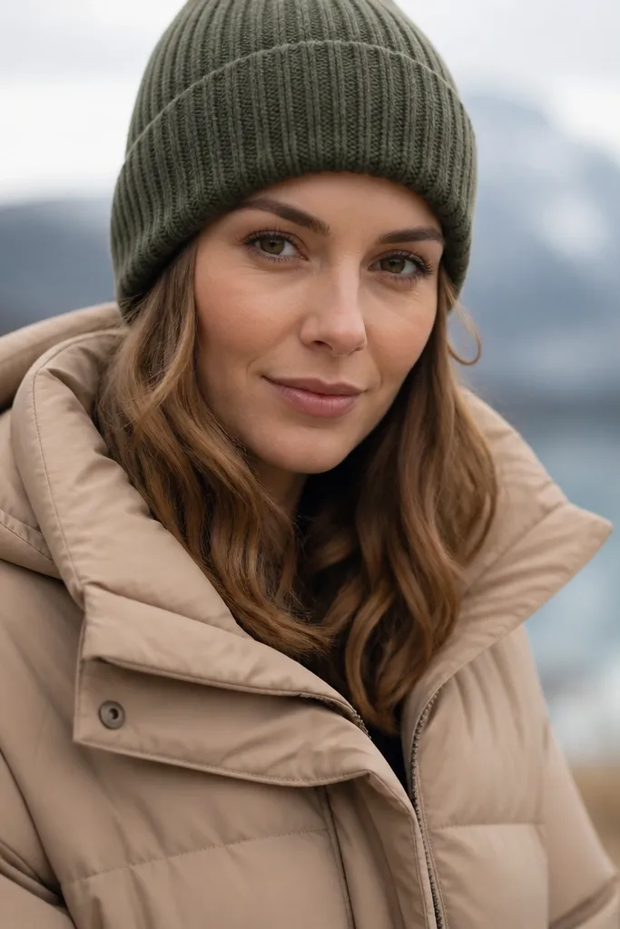 A person in a light-tan brown puffer jacket wearing a ribbed olive beanie, black fitted leggings or skinny jeans, and brown ankle boots; the image shows a close-up of the face and upper body.