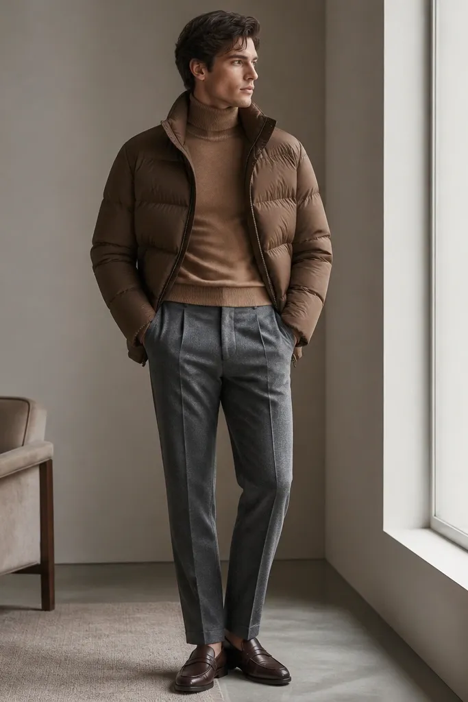 A model wearing a camel turtleneck under a medium-brown puffer, styled with heather-gray wool trousers and leather loafers; the photo is taken indoors near a window with neutral tones.