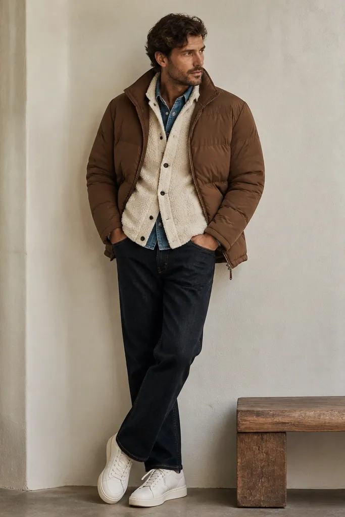 A layered outfit: medium-brown puffer over an off-white shearling-look vest, with a light blue denim shirt peeking at the collar; paired with dark jeans and white sneakers.