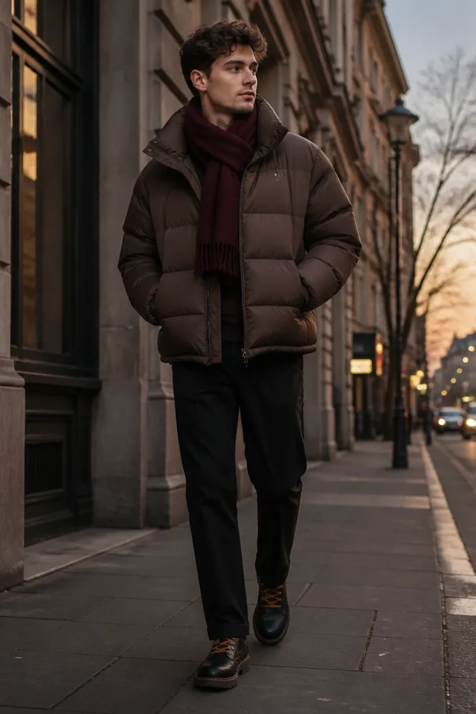 A person wearing a chocolate-brown puffer with a burgundy scarf wrapped at the neck, black straight-leg pants, and black-and-brown lace-up boots; the setting is a city street at dusk.