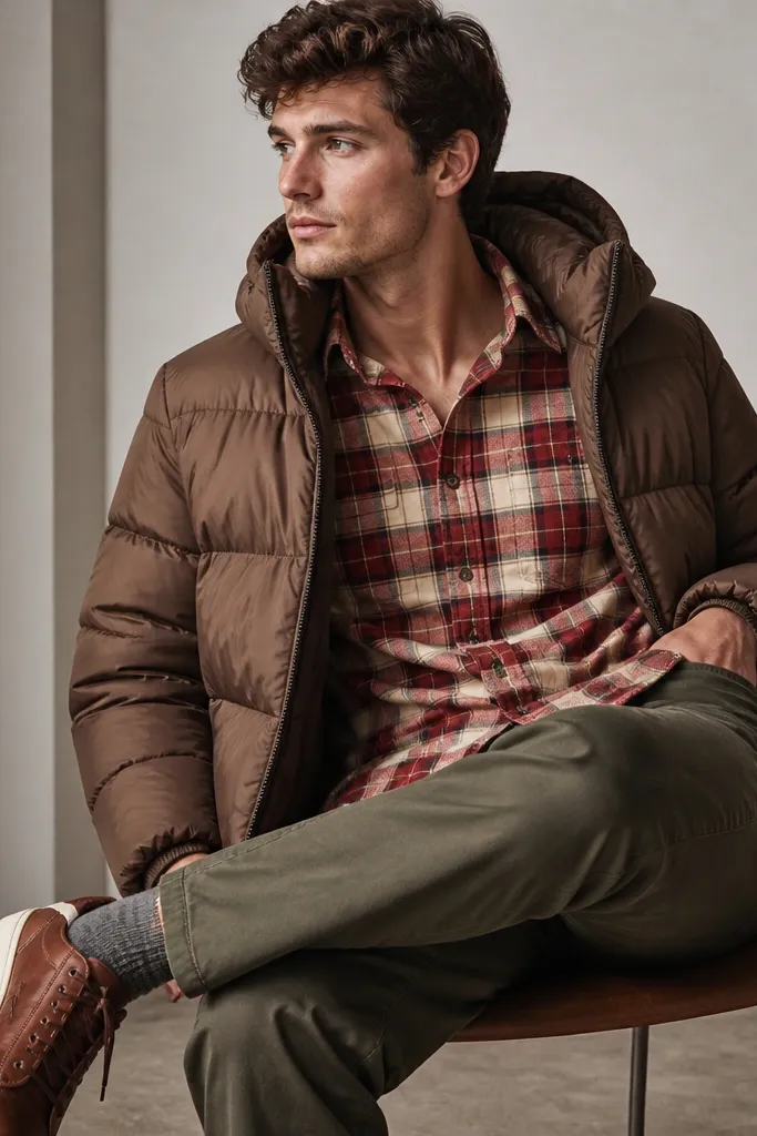 A model in a brown puffer jacket wearing a red-and-cream plaid flannel underneath, olive green chinos, and brown leather sneakers; the photo shows the flannel collar and chest in detail.