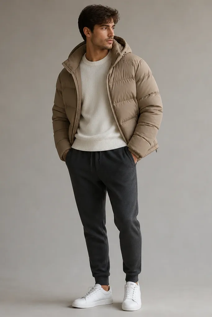 A light-tan puffer jacket worn over a white knit sweater, paired with charcoal joggers and clean white sneakers; the background is a simple studio backdrop.