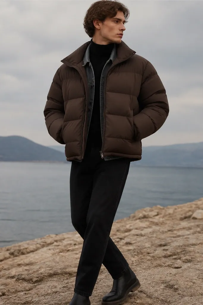 A model wearing a dark-brown puffer with a black turtleneck, with a gray denim jacket layered so only the collar and a small edge show; they wear black jeans and dark boots.