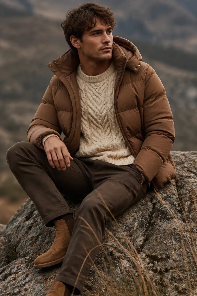 A person wearing an oatmeal cable-knit sweater under a brown puffer jacket with dark brown chinos and tan suede boots; the photo highlights knit texture and warm tones.