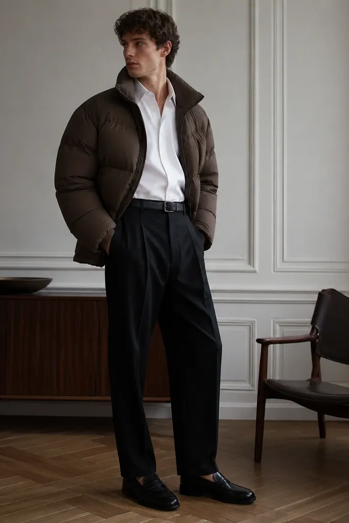 A model wearing a brown puffer over a crisp white button-down shirt, with black pleated trousers and a belt, plus sleek black loafers; the photo is indoors with a clean, elegant background.