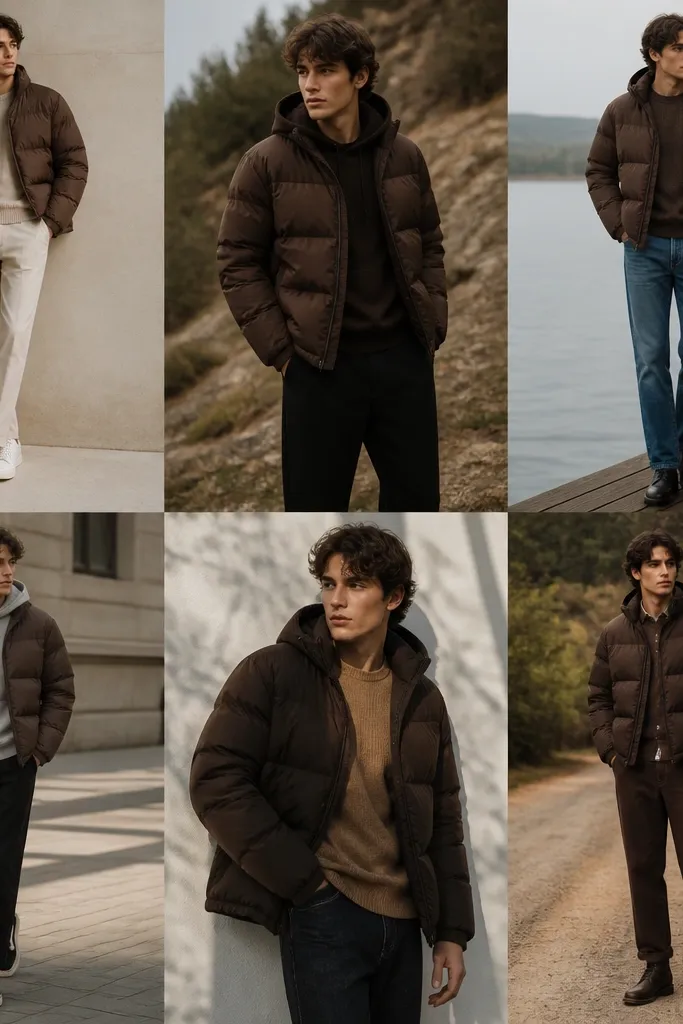 Brown Puffer Jacket Outfit Ideas for Men