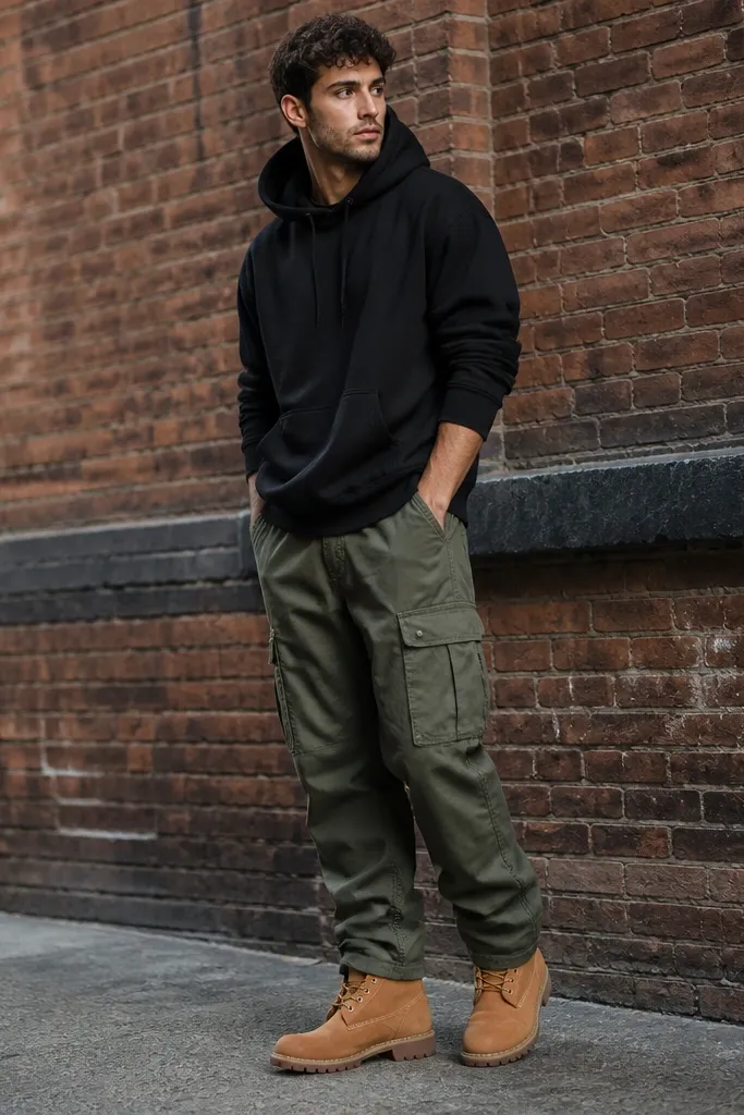 Street-style look with olive cargo pants, a black hoodie, and brown suede Timberland boots; hoodie sleeves slightly pushed up, urban brick wall behind.