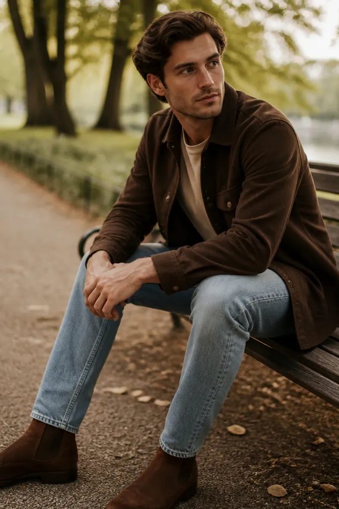 Person wearing a chocolate brown overshirt layered over a neutral tee, paired with light wash jeans and brown boots; photo taken near a park bench.