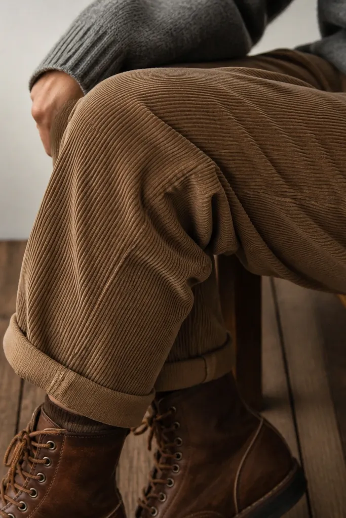 Brown corduroy pants with a heather gray sweater and brown boots; close-up framing shows cord texture and boot laces.