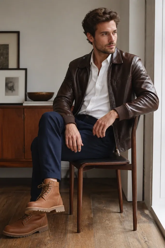 Classic smart-casual setup: navy chinos, white button-down shirt, dark brown leather jacket, and brown Timberland boots; indoor daylight near a window.