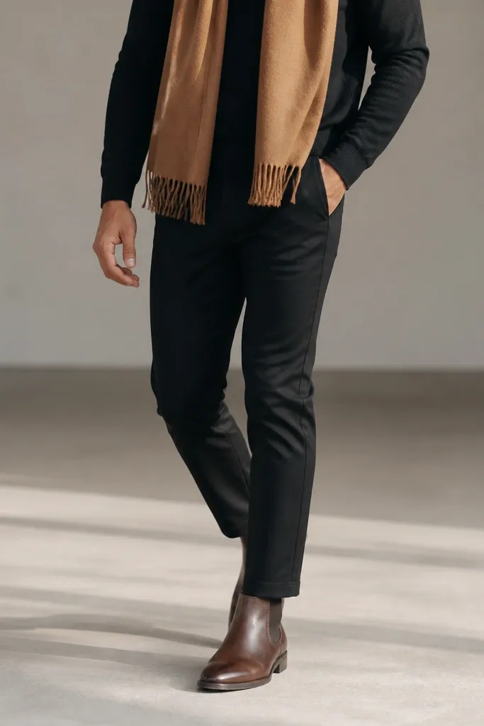 Black slim trousers with brown boots and a camel-colored scarf draped at the neck; minimal background, outfit centered on footwear.