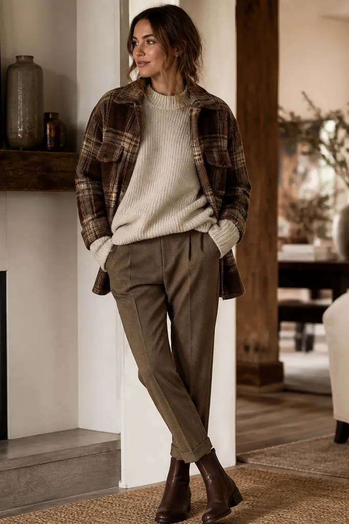 Layered look: cream oversized sweater, brown plaid shacket, tapered trousers, and brown boots; cozy indoor setting with soft lighting.