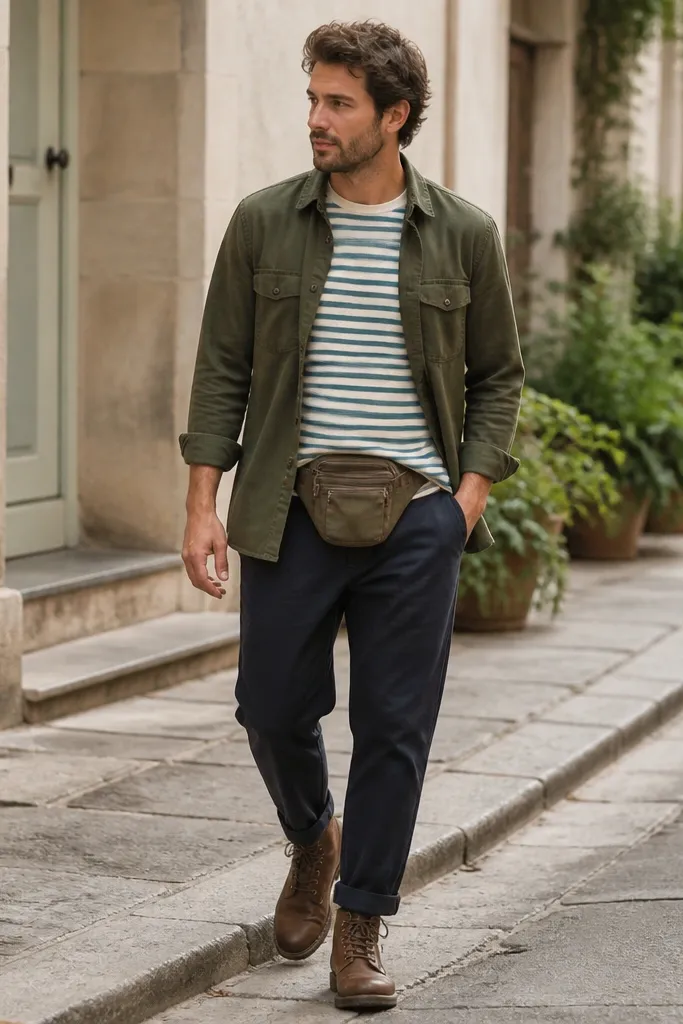 Striped cream and warm teal tee, olive overshirt, brown boots, and a small waist pack worn at the hip; outdoor street shot.