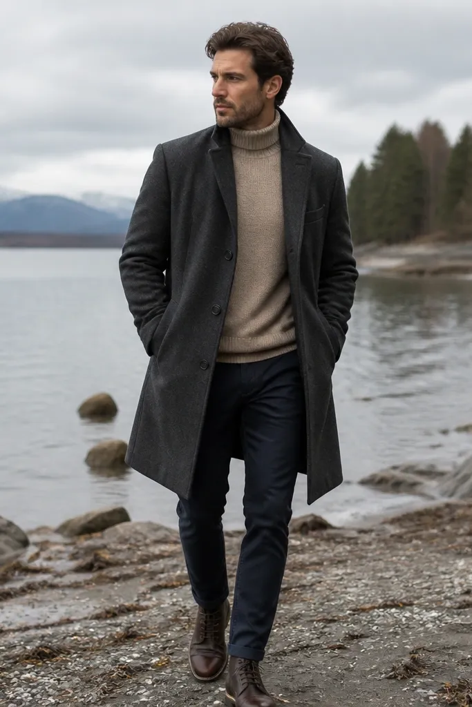 Winter-ready look: charcoal wool coat over a beige turtleneck, paired with dark pants and brown boots; outdoor photo with overcast sky.