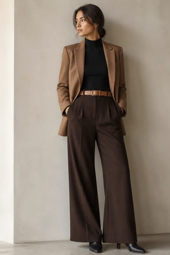 Person wearing deep chocolate brown wide-leg pants with a camel belt. A tan/brown blazer is worn open, with the belt tying in at the waist. Underneath is a fitted black mock-neck top. Shoes are sleek black ankle boots; the image shows crisp tailoring and a clean silhouette.