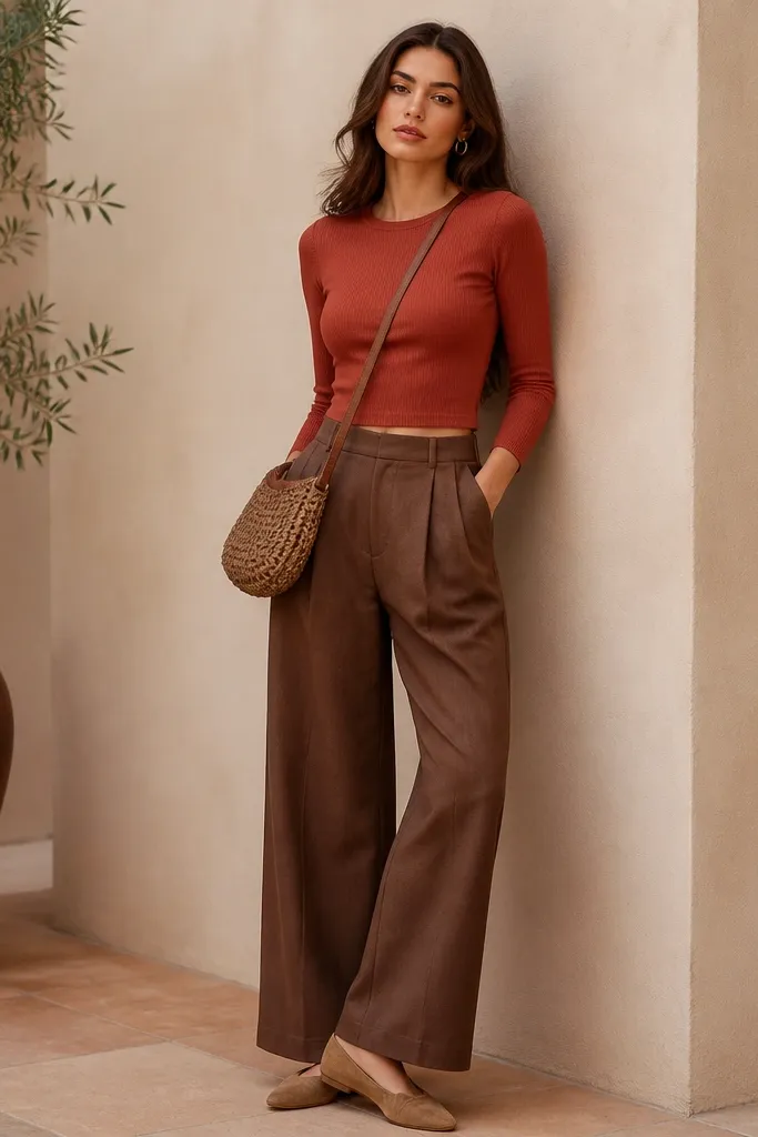Model in rust-terracotta fitted knit top paired with medium brown wide-leg pants. The top is slightly cropped at the waistband. Accessories include a small gold hoop earring and a woven crossbody bag. Shoes are tan suede flats; the shot emphasizes warm color balance.