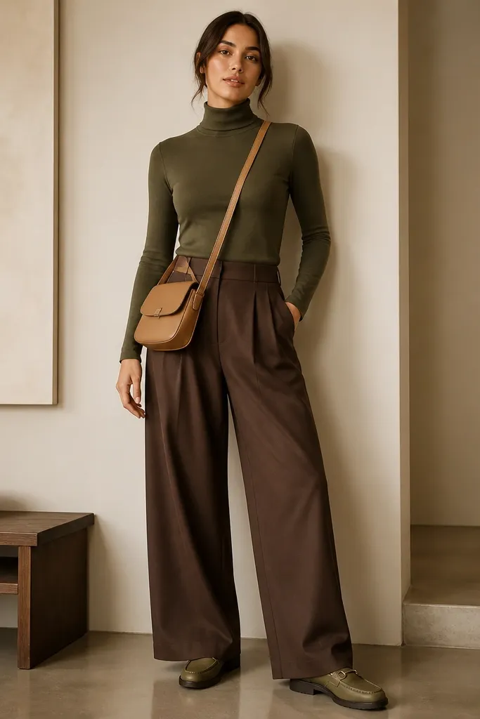 Model wearing an olive fitted turtleneck tucked neatly into brown wide-leg pants. A camel crossbody bag is worn at the hip. Shoes are olive-green loafers. The image shows the turtleneck’s clean lines and the pant’s full drape.
