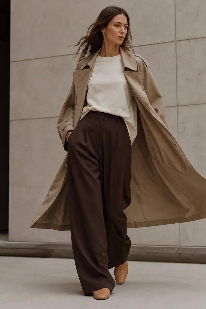 Person wearing a cream oversized tee tucked slightly into chocolate brown wide-leg pants. An oversized beige trench coat is worn open. Shoes are minimal tan mules. The photo shows movement in the coat and the wide-leg silhouette.